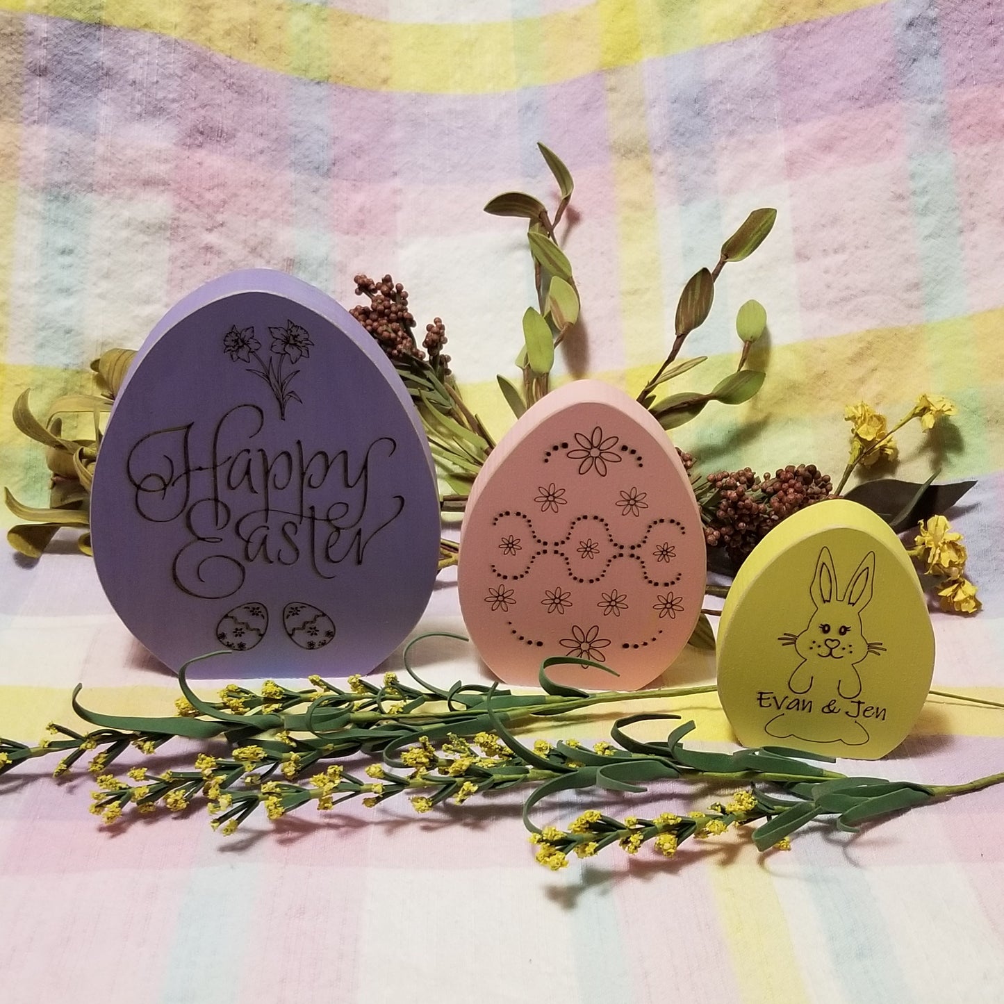 Custom Chunky Wood Easter Eggs - set of 3 - Laser Engraved