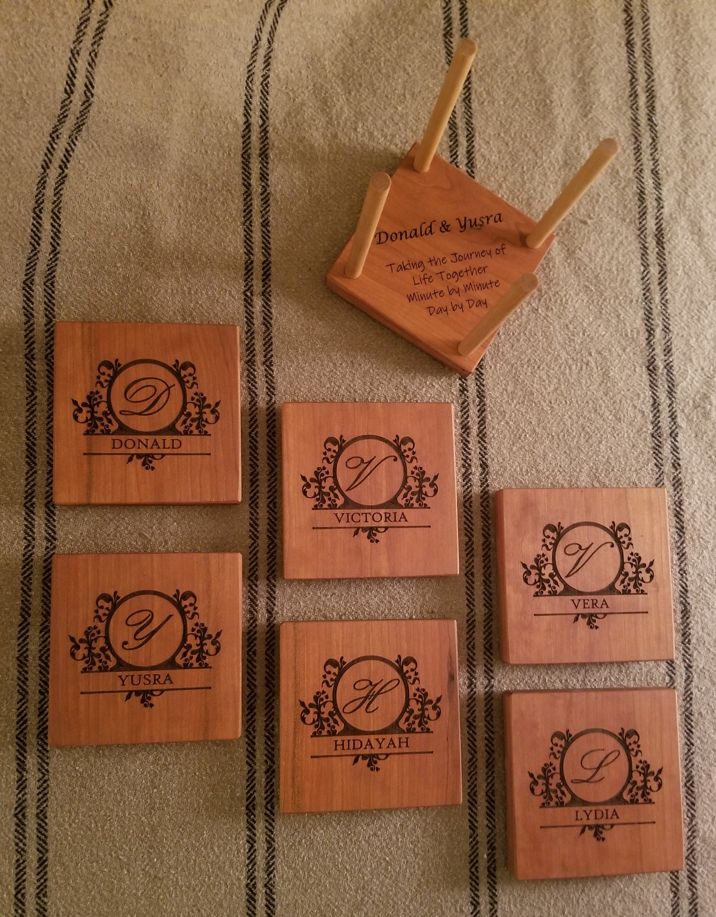 Custom Engraved Monogram Coasters (set of 6) and Holder