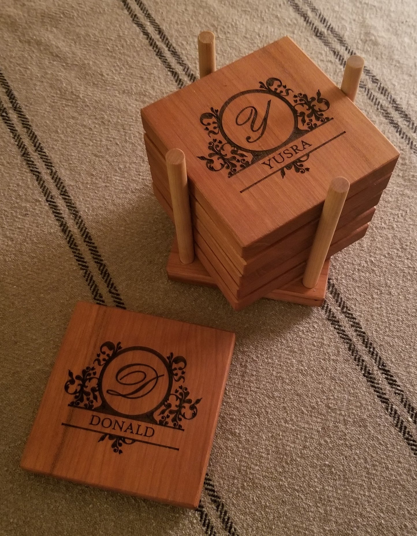 Custom engraved coasters with monogram letter and name. Custom engraved holder.