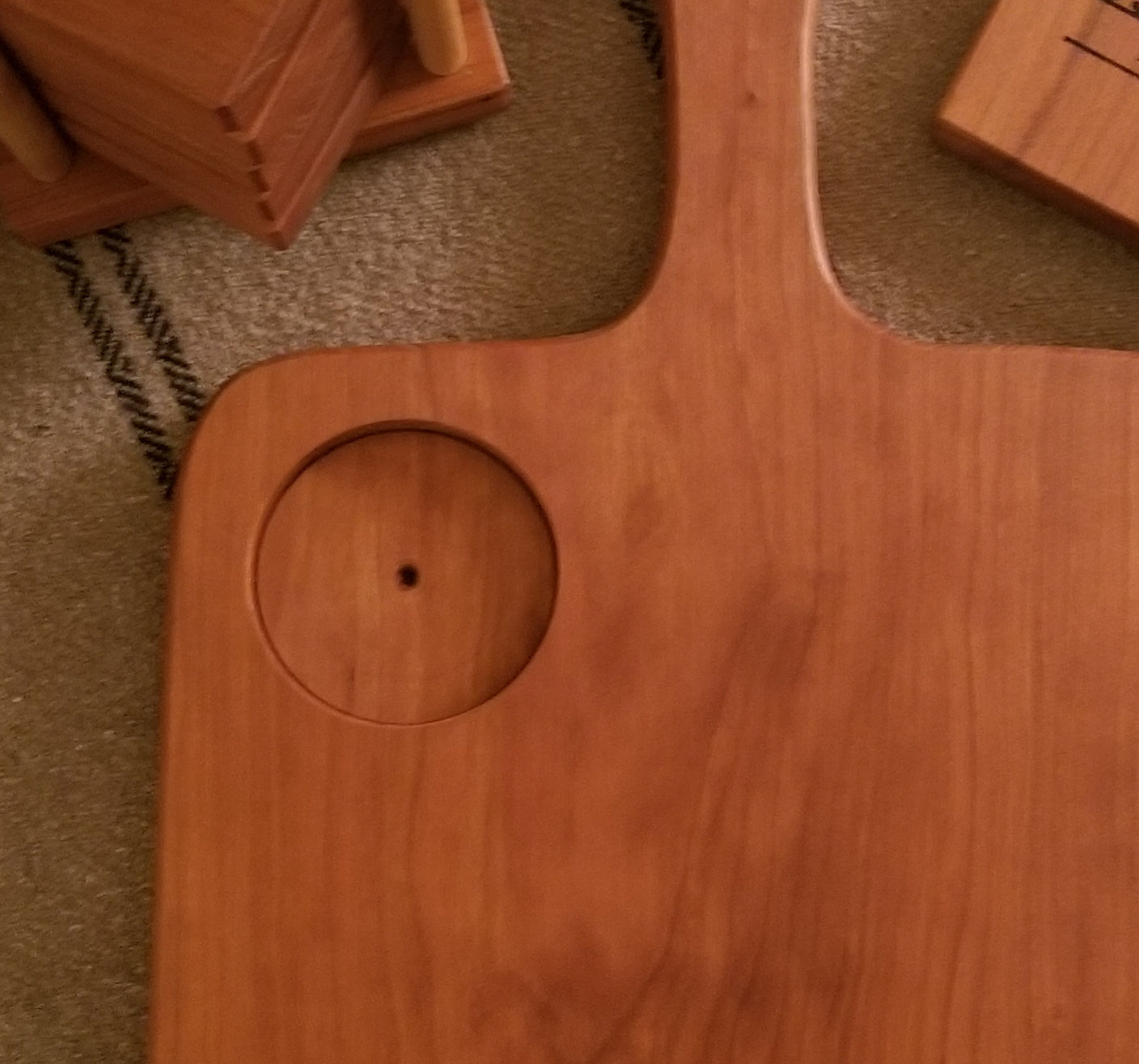 Back side of Custom engraved engagement cutting/serving board. Personalized with names, date and a special message. Shown in Cherry.